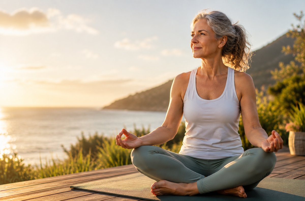 Woman meditating at sunrise by the sea